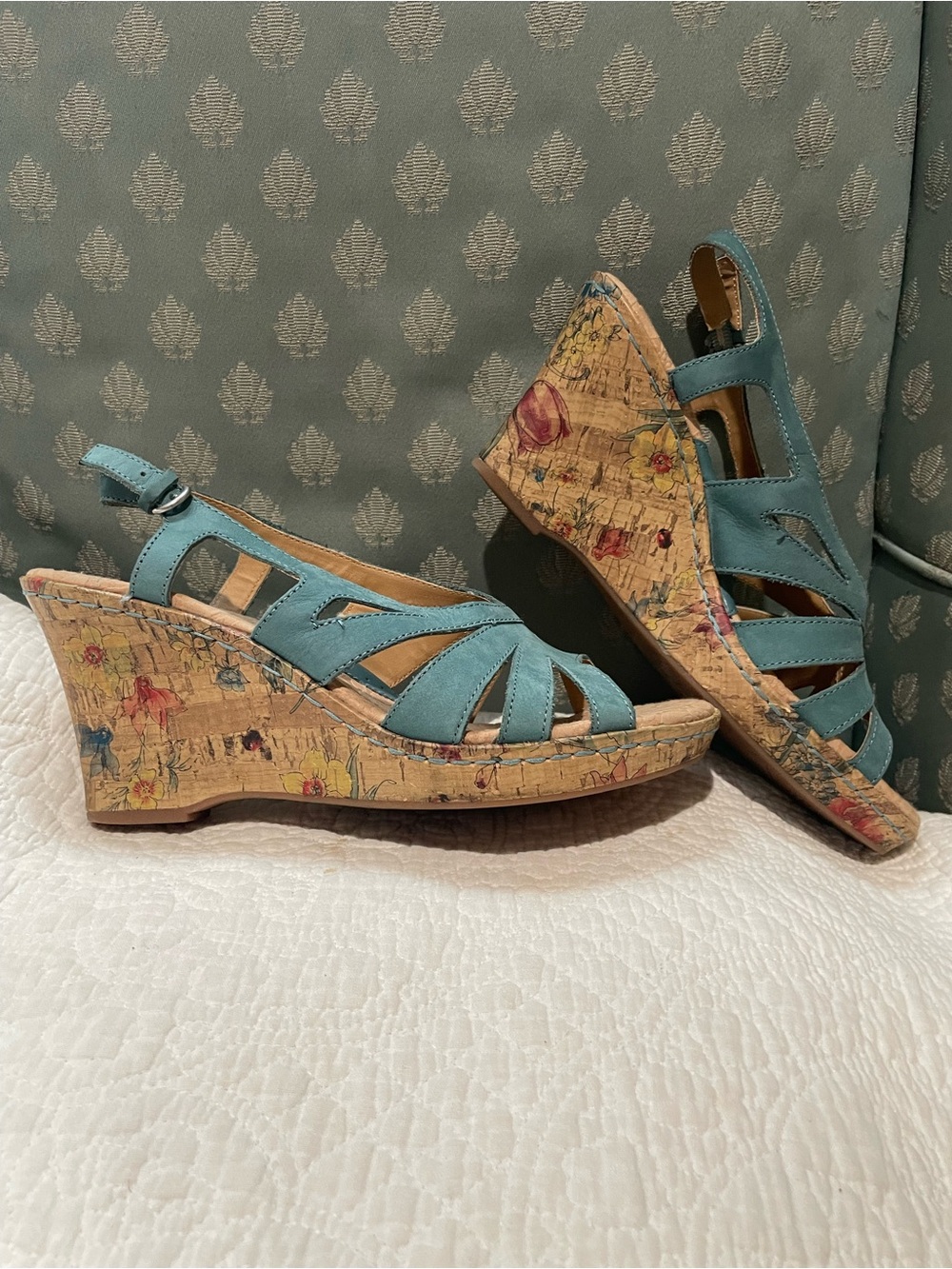 boc Teal Floral Cork Wedge Sandals - Women 10 / 42 EUC